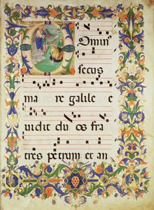 Missal 515 f.1r Side med kormusikk med en historisk initial 